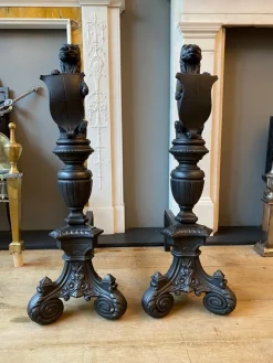 Pamono Tall Antique Fire Dogs in Cast Iron, 1890, Set of 2><noscript><img width=