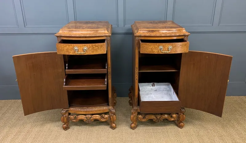 Pamono Tall Burr Walnut Pedestals, 1910, Set of 2> Pedestals And Columns