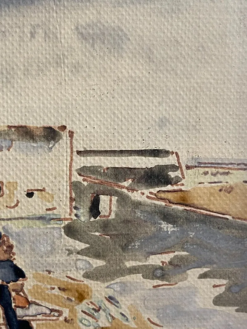 Pamono Tamburi, Old Man by the Sea, 20th Century, Watercolor Painting> Work On Paper