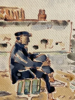Pamono Tamburi, Old Man by the Sea, 20th Century, Watercolor Painting><noscript><img width=
