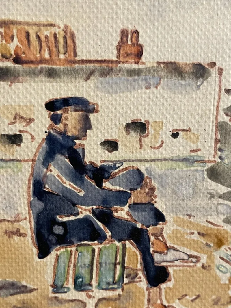 Pamono Tamburi, Old Man by the Sea, 20th Century, Watercolor Painting> Work On Paper