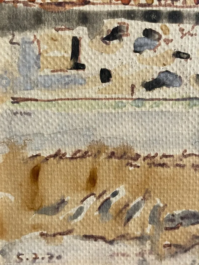 Pamono Tamburi, Old Man by the Sea, 20th Century, Watercolor Painting> Work On Paper