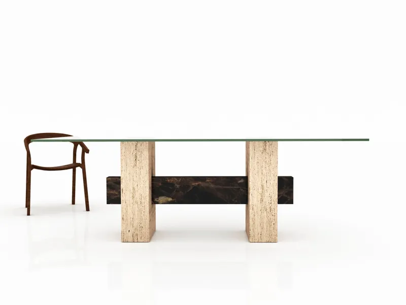 Discount Pamono Tapies Dining Table in Natural Travertine Marble with Oxide Slate Crossbar by Joaquín Moll for Meddel