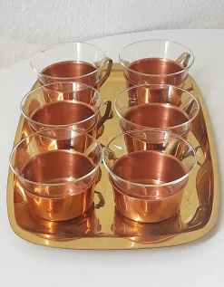 Discount Pamono Tea Glasses & Tray in Copper, Brass & Jena Glass from Schott, Mainz, 1960s, Set of 7