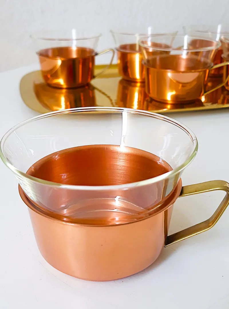 Discount Pamono Tea Glasses & Tray in Copper, Brass & Jena Glass from Schott, Mainz, 1960s, Set of 7