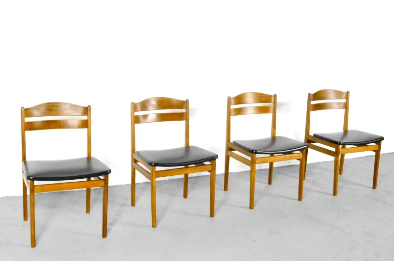 Pamono Teak and Leatherette Dining Chairs, 1960s, Set of 4> Side Chairs & Dining Chairs