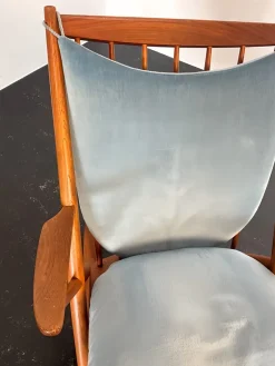 Pamono Teak Rocking Chair with Mohair Velvet Cover in Ice Blue by Frank Reenskaug for Bramin, Denmark, 1960s> Rocking Chairs