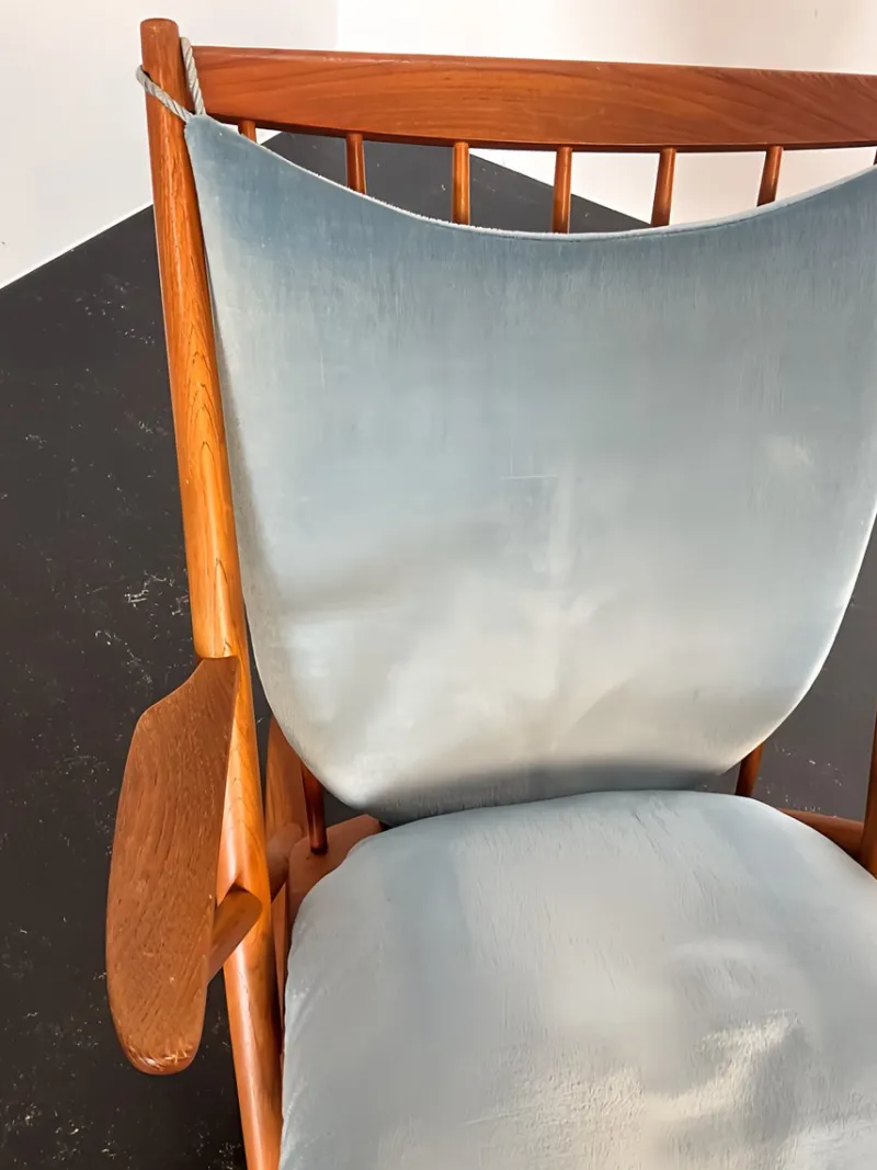 Pamono Teak Rocking Chair with Mohair Velvet Cover in Ice Blue by Frank Reenskaug for Bramin, Denmark, 1960s> Rocking Chairs