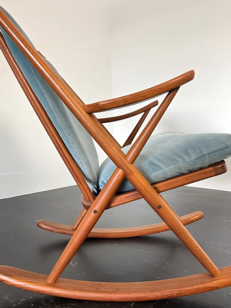 Pamono Teak Rocking Chair with Mohair Velvet Cover in Ice Blue by Frank Reenskaug for Bramin, Denmark, 1960s> Rocking Chairs
