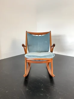 Pamono Teak Rocking Chair with Mohair Velvet Cover in Ice Blue by Frank Reenskaug for Bramin, Denmark, 1960s><noscript><img width=