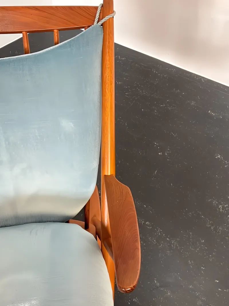 Pamono Teak Rocking Chair with Mohair Velvet Cover in Ice Blue by Frank Reenskaug for Bramin, Denmark, 1960s> Rocking Chairs