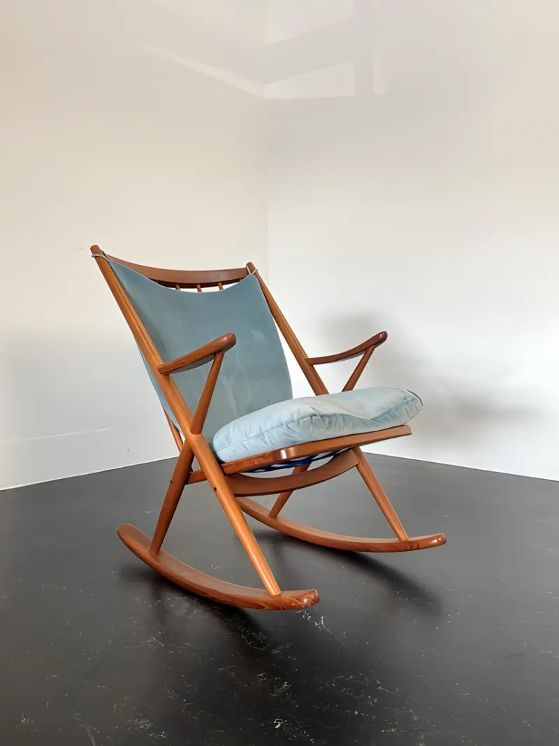 Pamono Teak Rocking Chair with Mohair Velvet Cover in Ice Blue by Frank Reenskaug for Bramin, Denmark, 1960s> Rocking Chairs