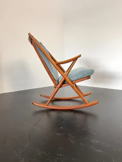Pamono Teak Rocking Chair with Mohair Velvet Cover in Ice Blue by Frank Reenskaug for Bramin, Denmark, 1960s><noscript><img width=