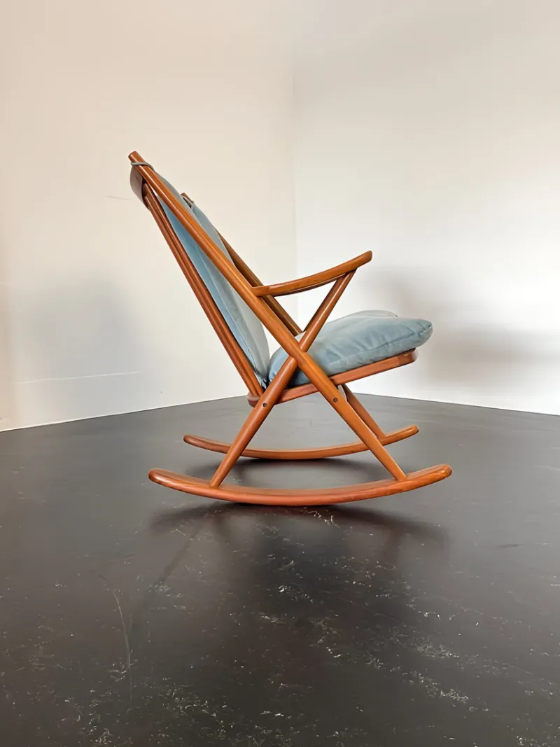 Pamono Teak Rocking Chair with Mohair Velvet Cover in Ice Blue by Frank Reenskaug for Bramin, Denmark, 1960s> Rocking Chairs