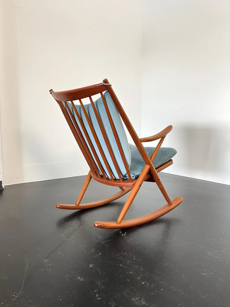 Pamono Teak Rocking Chair with Mohair Velvet Cover in Ice Blue by Frank Reenskaug for Bramin, Denmark, 1960s> Rocking Chairs