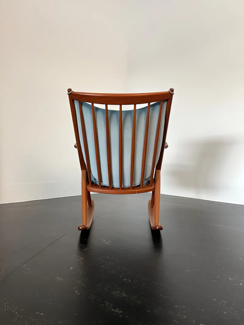 Pamono Teak Rocking Chair with Mohair Velvet Cover in Ice Blue by Frank Reenskaug for Bramin, Denmark, 1960s> Rocking Chairs