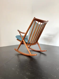 Pamono Teak Rocking Chair with Mohair Velvet Cover in Ice Blue by Frank Reenskaug for Bramin, Denmark, 1960s><noscript><img width=