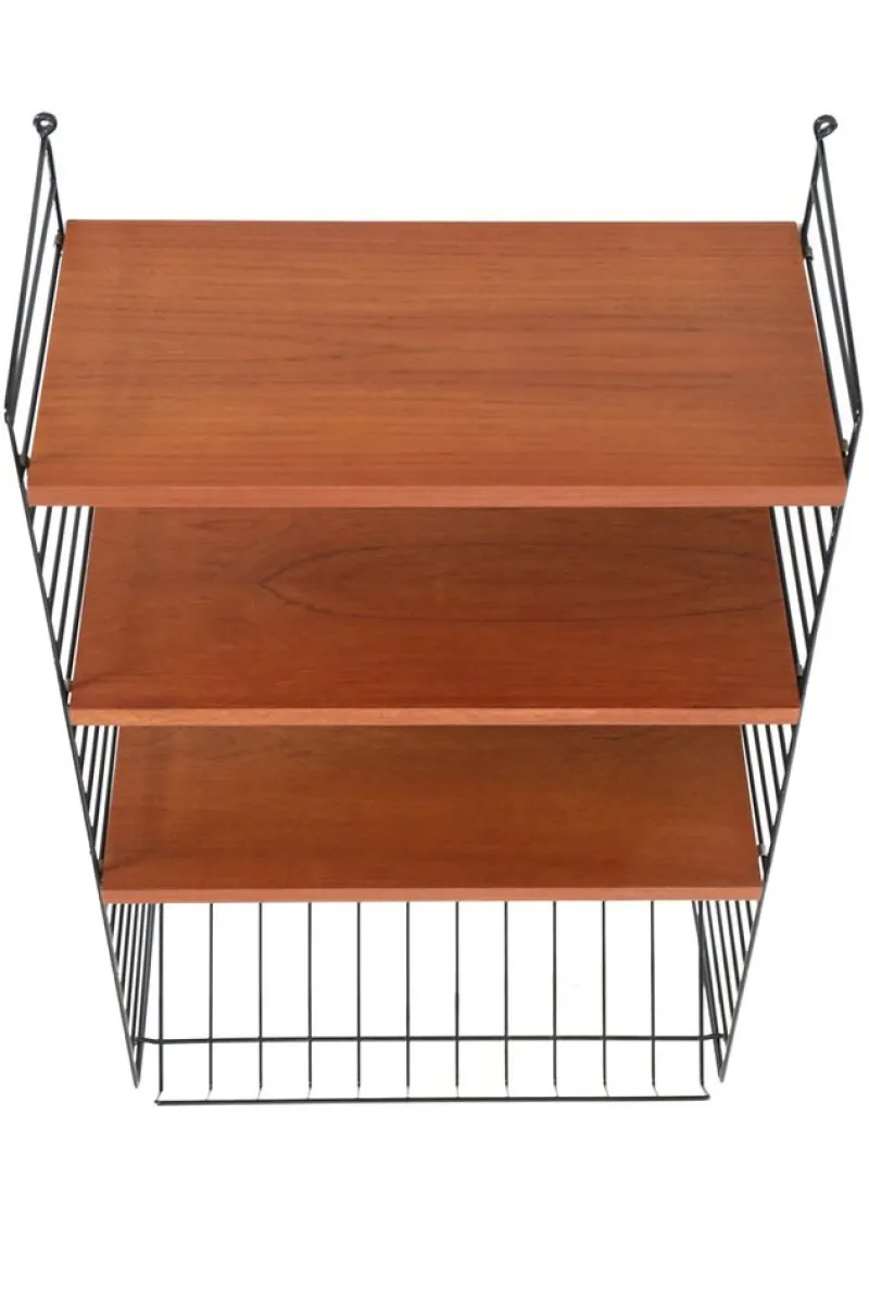 New Pamono Teak String Wall Shelf with Magazine Rack by Kajsa & Nisse Strinning, 1960s