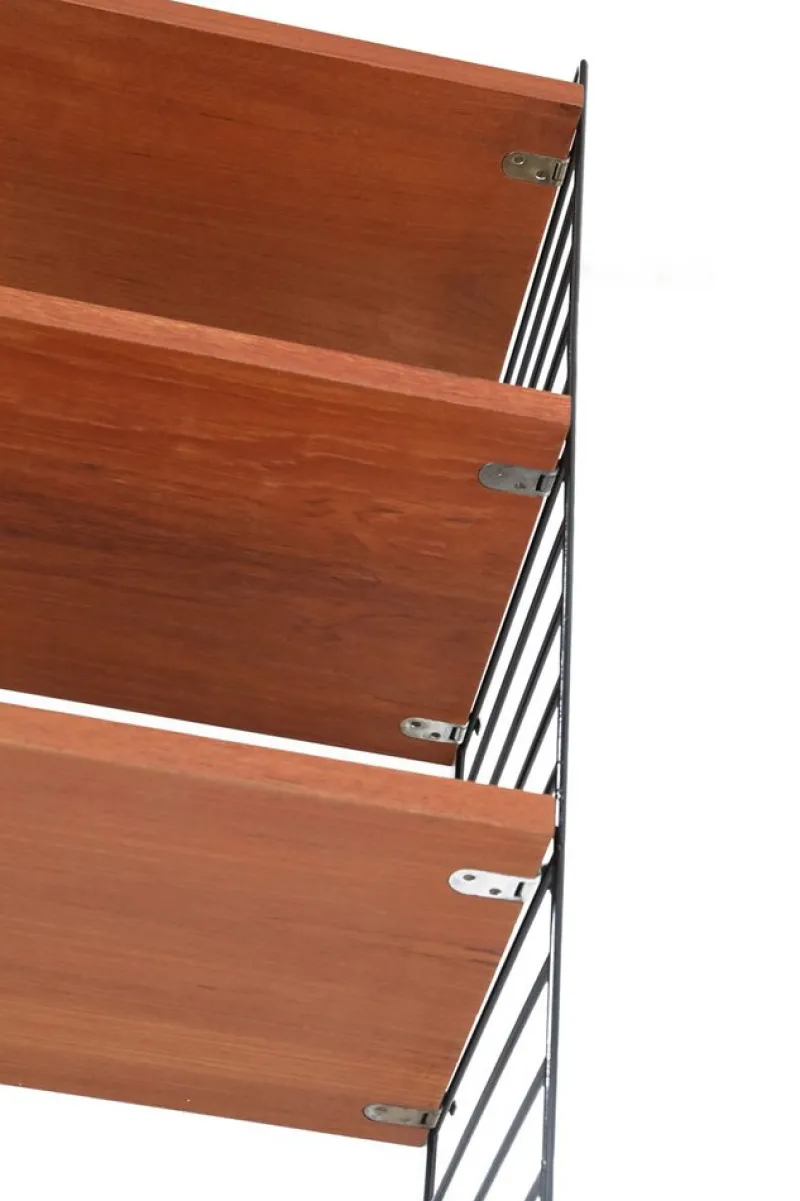 New Pamono Teak String Wall Shelf with Magazine Rack by Kajsa & Nisse Strinning, 1960s
