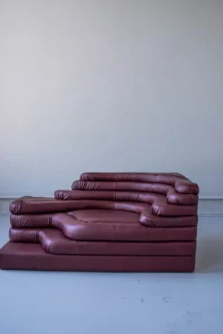 Pamono Terrazza Landscapes in Burgundy Leather by Ubald Klug for de Sede, 1970s, Set of 4><noscript><img width=