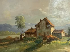 Pamono Tessari, Farmhouse in the Countryside, 19th Century, Oil Painting on Panel, Framed> Painting