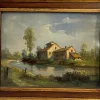 Sale Pamono Tessari, Farmhouse on the River, 19th Century, Oil Painting on Panel, Framed
