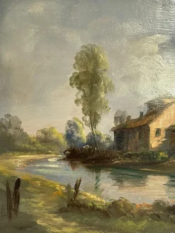 Sale Pamono Tessari, Farmhouse on the River, 19th Century, Oil Painting on Panel, Framed