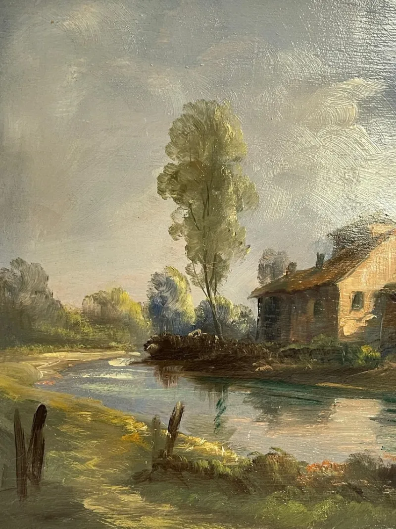 Sale Pamono Tessari, Farmhouse on the River, 19th Century, Oil Painting on Panel, Framed