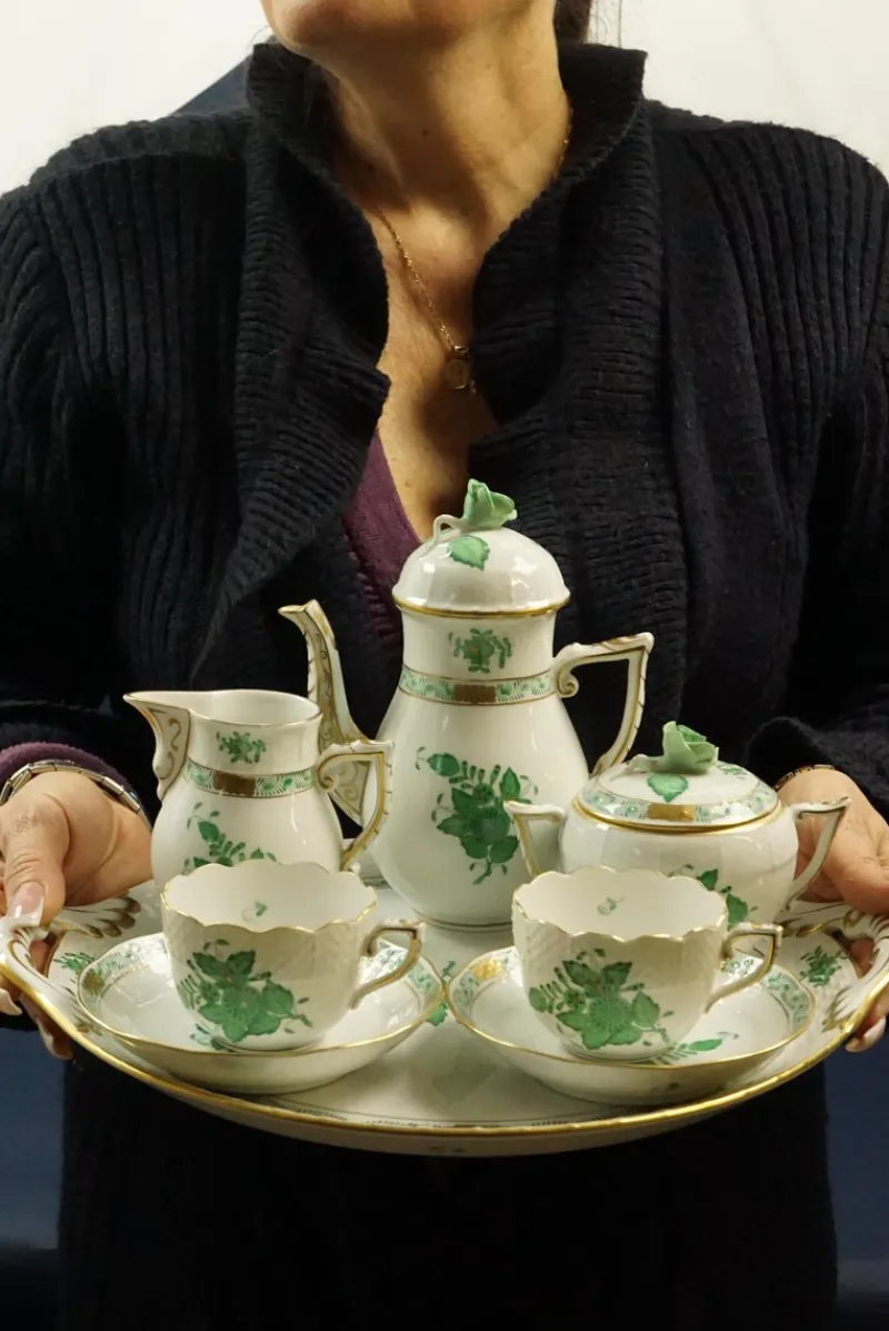 Discount Pamono Tete À Tete Coffee Service with Tray in Porcelain with Apponyi Decoration from Herend, Hungary, 1930s, Set of 8