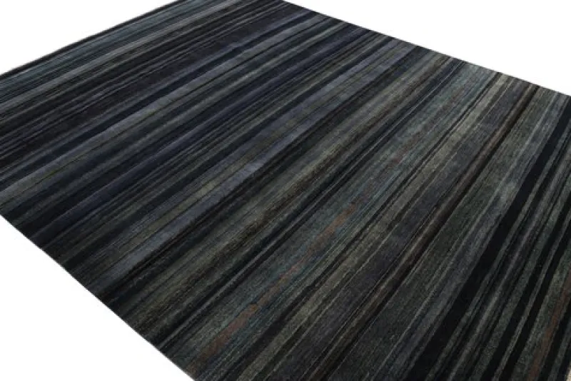 Pamono Textural Rug in Grisaille Blue and Black Stripes and Stripe from R&K Principal Jahanshah Nazmiyal> Carpets & Textiles|Carpets & Textiles