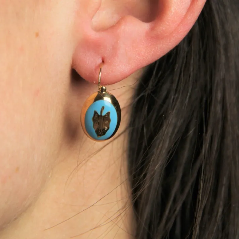 Online Pamono 19th Century 18 Karat French Yellow Gold Lever- Back & Blue Enamel Earrings, Set of 2