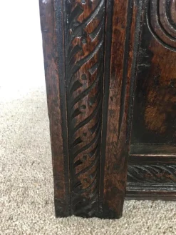 Clearance Pamono 18th Century Antique Carved Oak Coffer