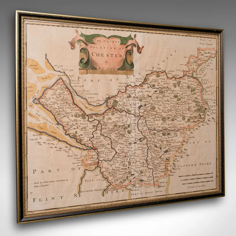 Pamono 18th Century Antique English Framed Cartography County Map of Cheshire from Robert Morden