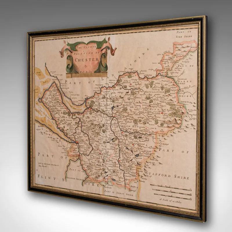 Pamono 18th Century Antique English Framed Cartography County Map of Cheshire from Robert Morden