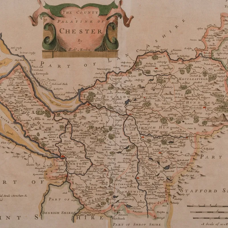Pamono 18th Century Antique English Framed Cartography County Map of Cheshire from Robert Morden
