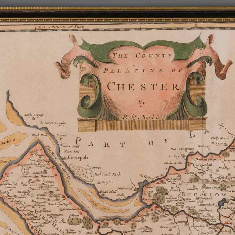 Pamono 18th Century Antique English Framed Cartography County Map of Cheshire from Robert Morden