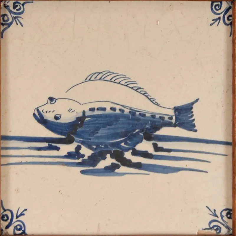 Pamono 17th Century Baroque Framed Sea Creatures Monsters Tiles in Blue and White from Royal Delft, Set of 4> Architectural Elements