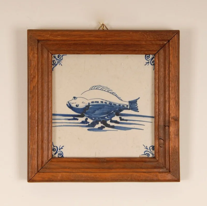 Pamono 17th Century Baroque Framed Sea Creatures Monsters Tiles in Blue and White from Royal Delft, Set of 4> Architectural Elements