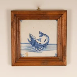 Pamono 17th Century Baroque Framed Sea Creatures Monsters Tiles in Blue and White from Royal Delft, Set of 4><noscript><img width=