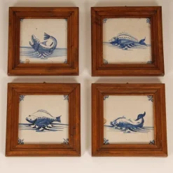 Pamono 17th Century Baroque Framed Sea Creatures Monsters Tiles in Blue and White from Royal Delft, Set of 4><noscript><img width=