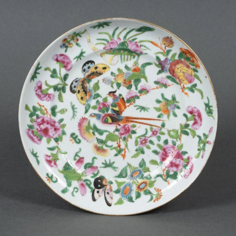 New Pamono 19th Century Canton Porcelain Plate with Floral and Butterfly Decor