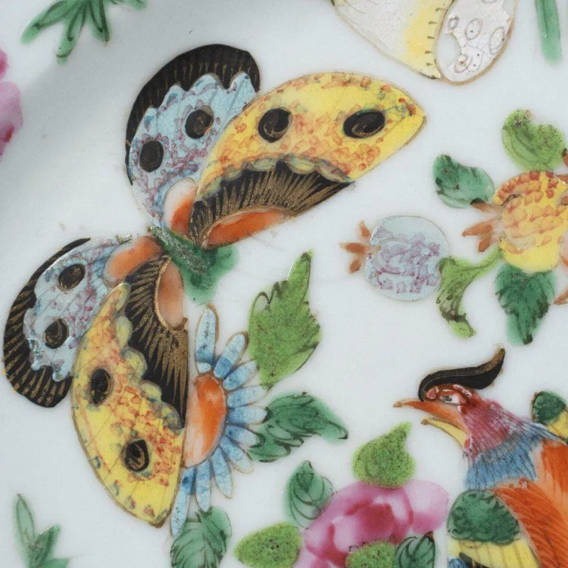 New Pamono 19th Century Canton Porcelain Plate with Floral and Butterfly Decor