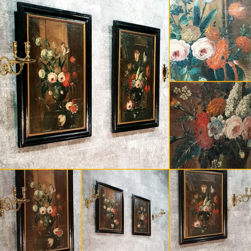 Pamono 18th Century Dutch School, Flowers Bouquet, Oil on Canvas, Set of 2> Old Masters