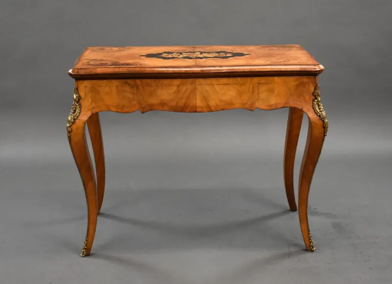 Pamono 19th Century English Victorian Burl Walnut and Marquetry Inlaid Card Table, 1860s> Game Tables