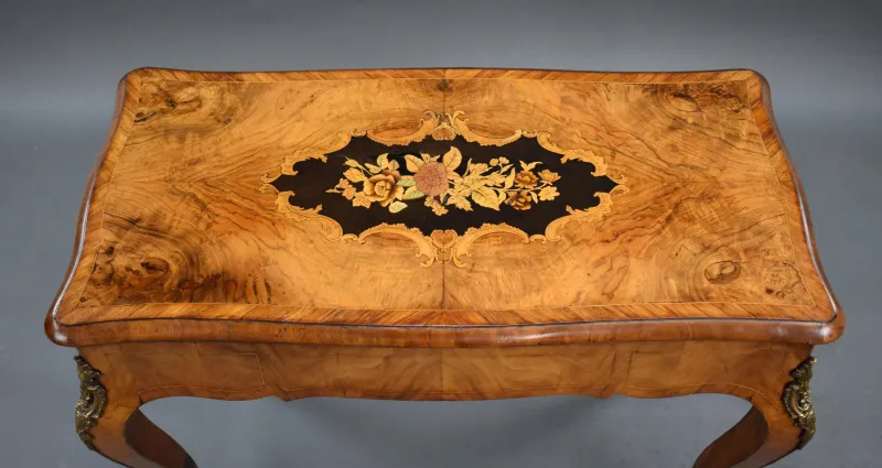 Pamono 19th Century English Victorian Burl Walnut and Marquetry Inlaid Card Table, 1860s> Game Tables