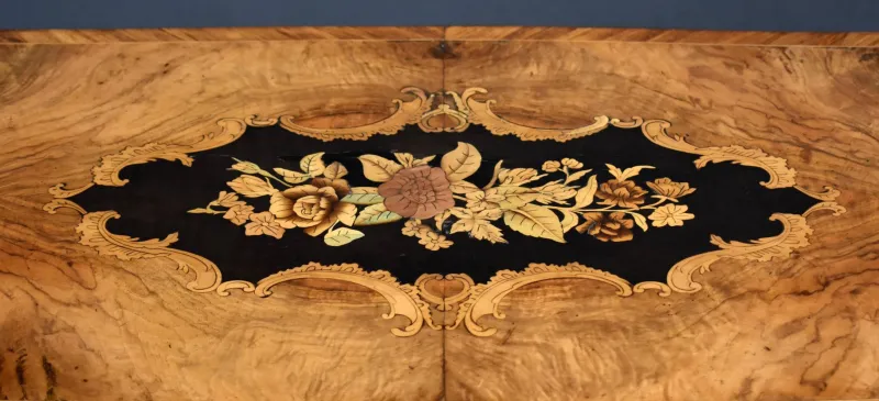 Pamono 19th Century English Victorian Burl Walnut and Marquetry Inlaid Card Table, 1860s> Game Tables