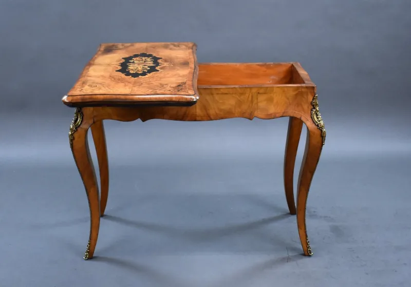 Pamono 19th Century English Victorian Burl Walnut and Marquetry Inlaid Card Table, 1860s> Game Tables