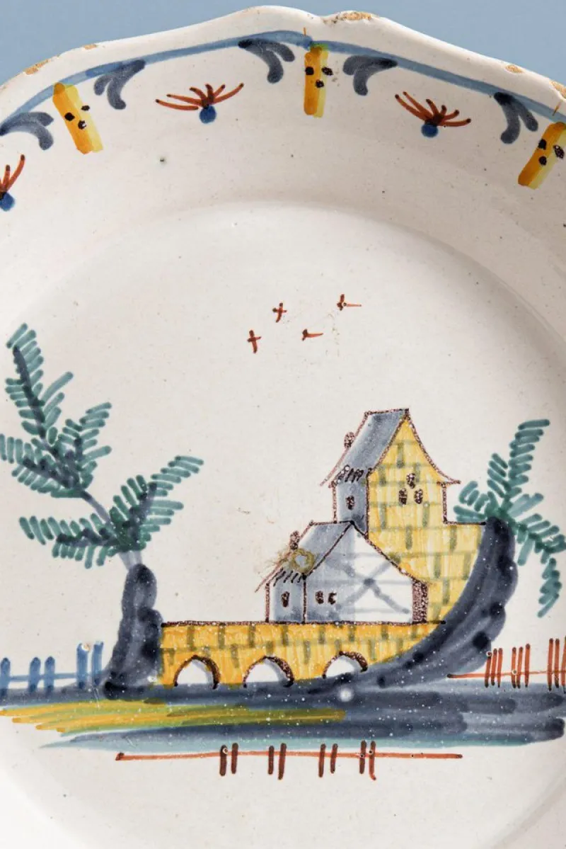 Clearance Pamono 18th Century Faience Town with Bridge Plate from Nevers