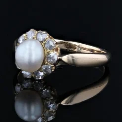 Pamono 19th Century Fine Pearl Diamonds 18 Karat Yellow Gold Daisy Ring><noscript><img width=