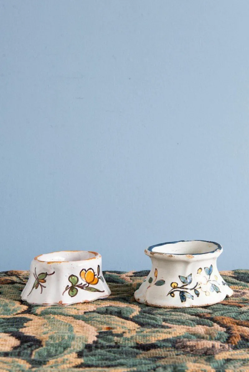 Pamono 18th Century Floral Salt Pigs from Rouen Faience, Set of 2> Salt & Pepper Shakers